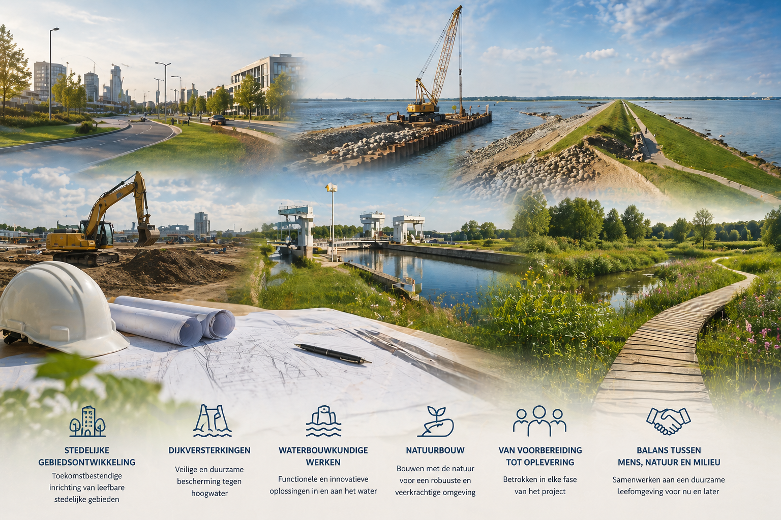 Werkgebieden:
Actief binnen grond-, weg- en waterbouw en landschappelijke projecten, van gebiedsontwikkeling en dijkversterking tot natuur en recreatie.